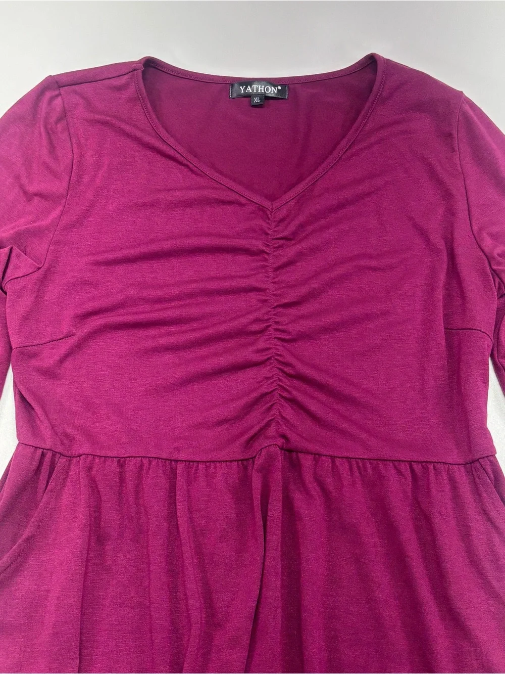YATHON XL Burgundy Ruched Midi Dress Pockets Cottagecore Romantic